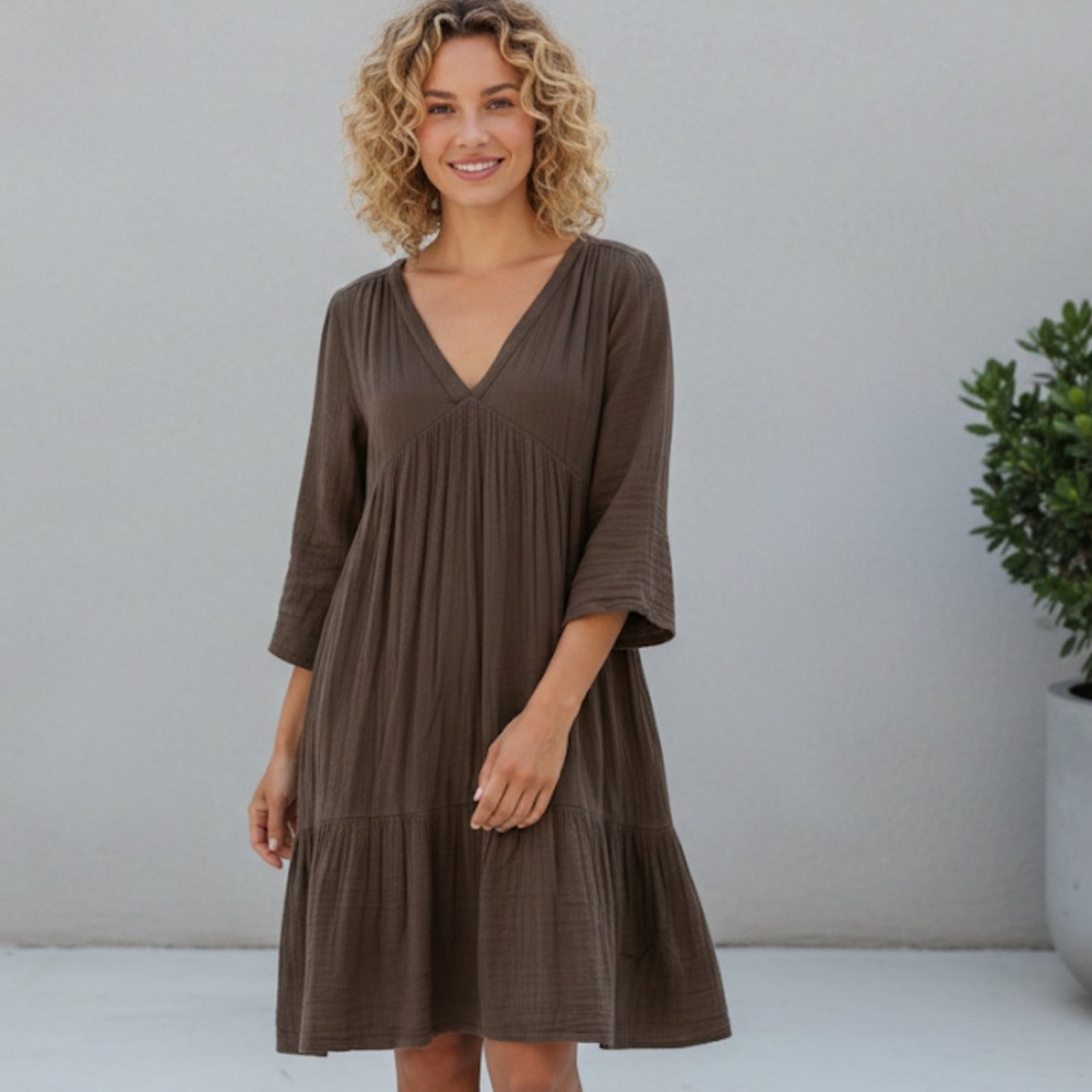 Xirena Cotton Gauze Chocolate Brown Bell Sleeve Peasant Tiered Dress Small
